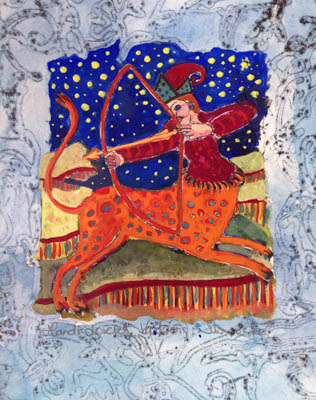 Sagittarius, handcolored dry-point